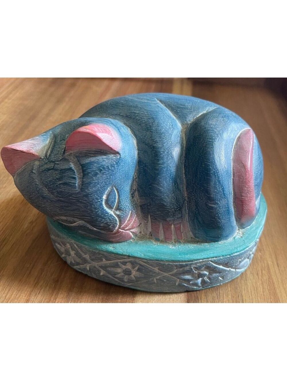 Hand-Carved Wooden Sleeping Cat Sculpture -Vintage Peir 1 -Hand Painted- 1980s